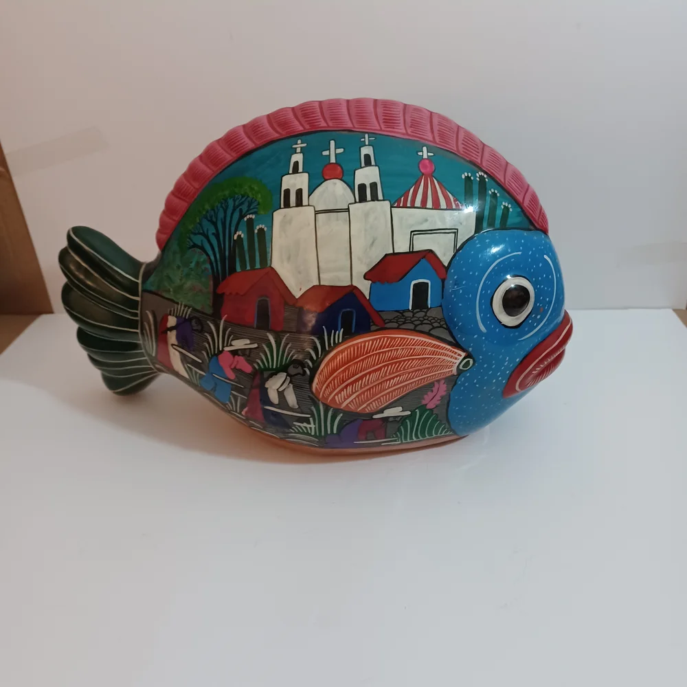 Handpainted Terracotta Mexican Folk Art Large Fish 15X9.5